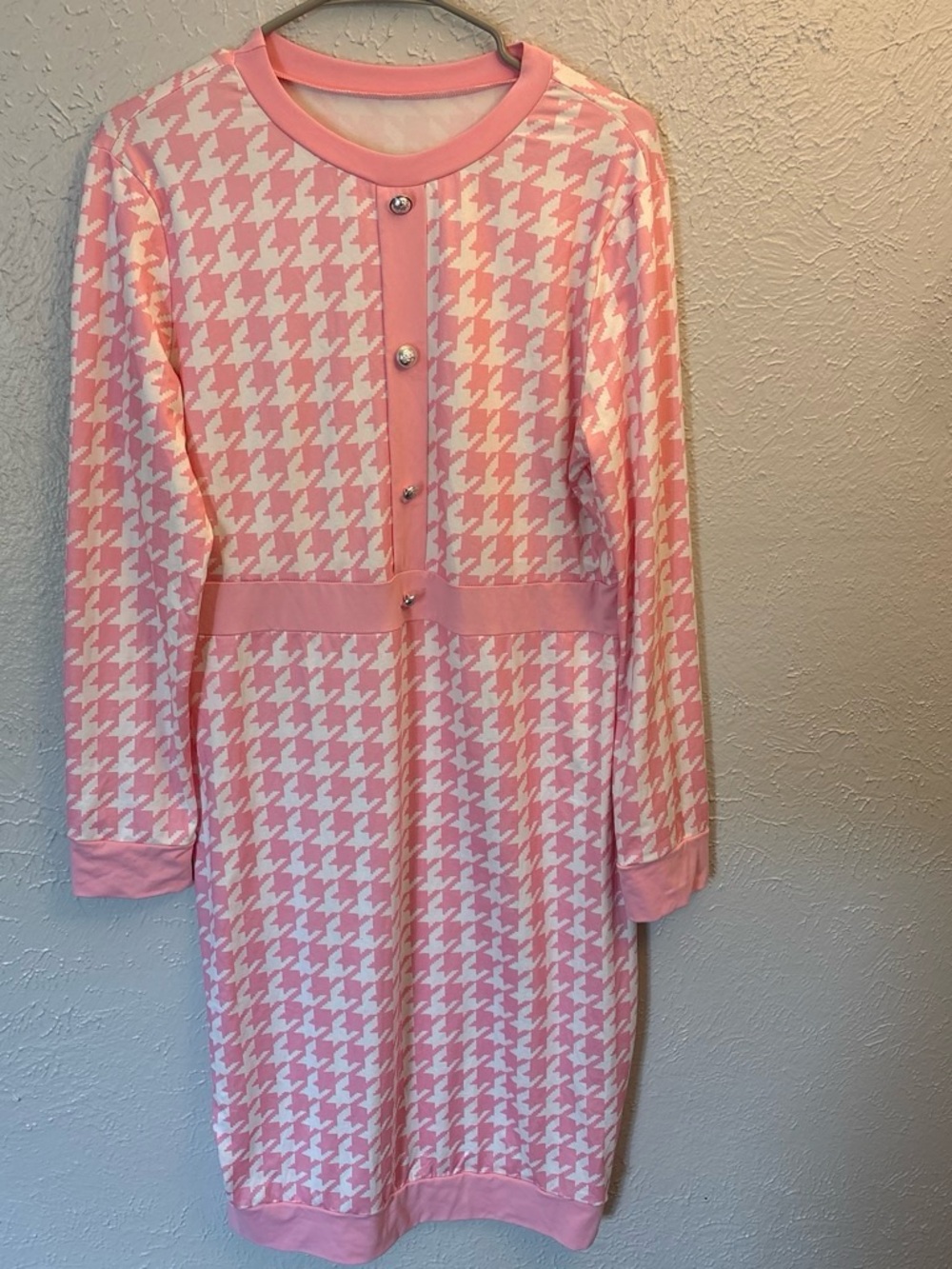Pink Houndstooth Long Sleeve Knit Jacket